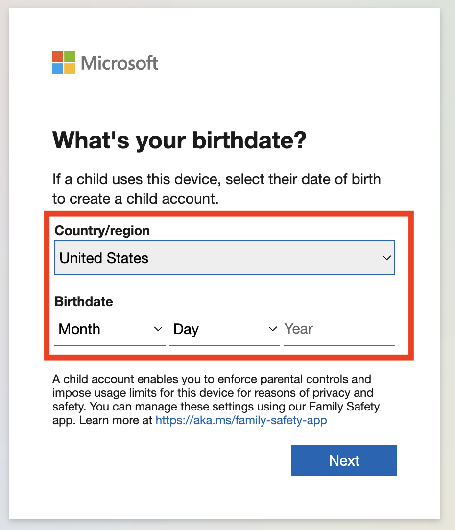 Screenshot of entering date of birth
