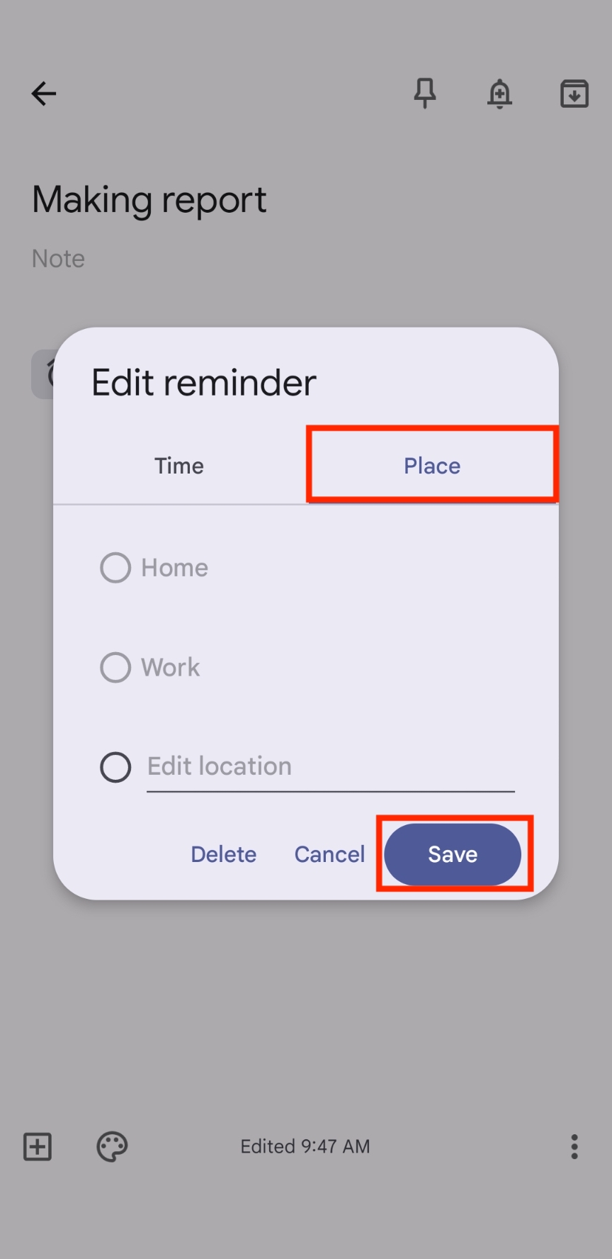 Image of editing the place of reminder