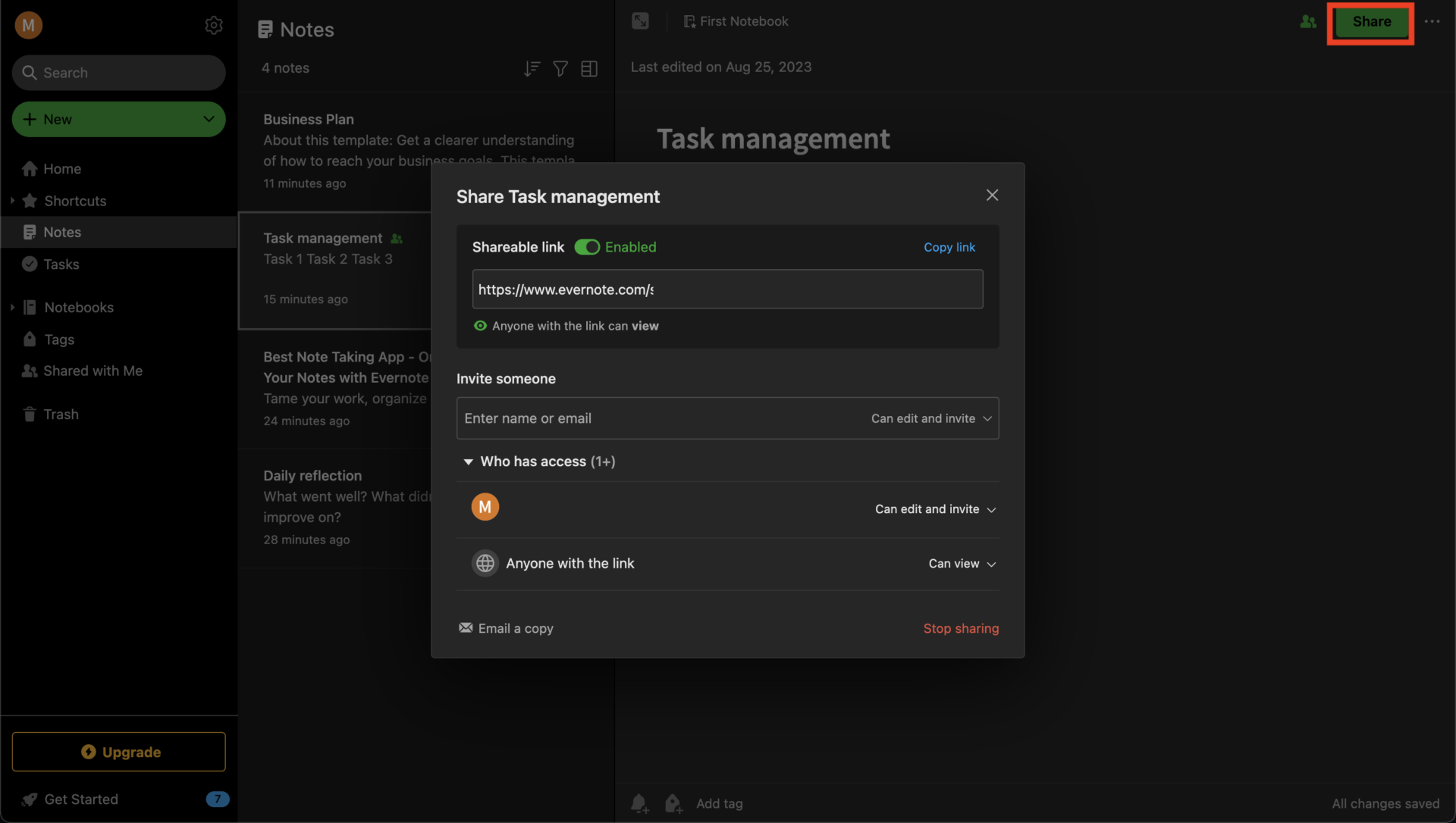 Image of link sharing of Evernote