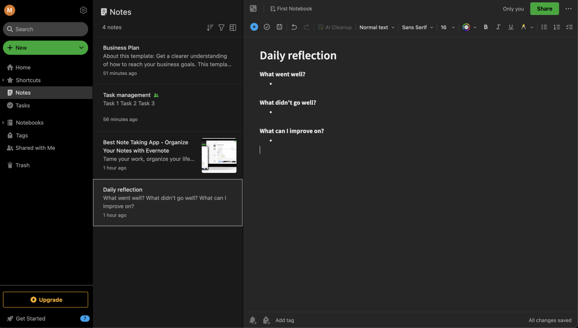 Top page of Evernote