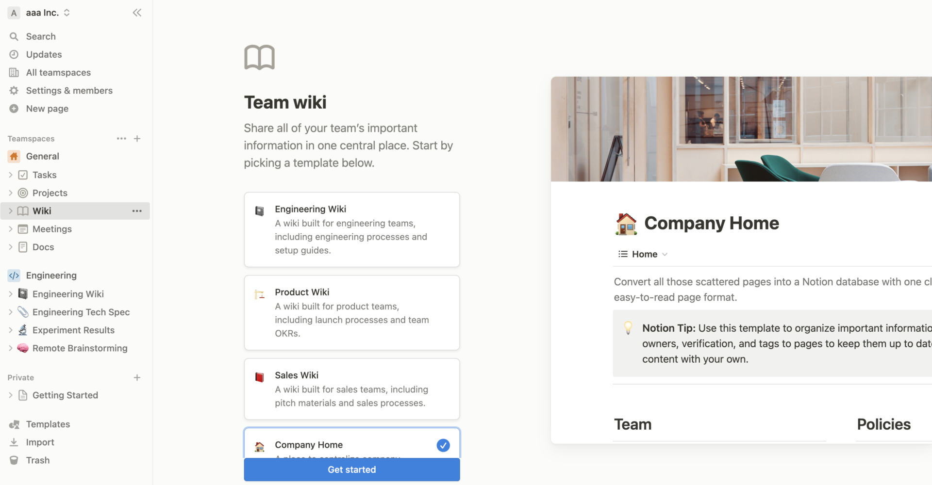 Top page of internal wiki by using Notion