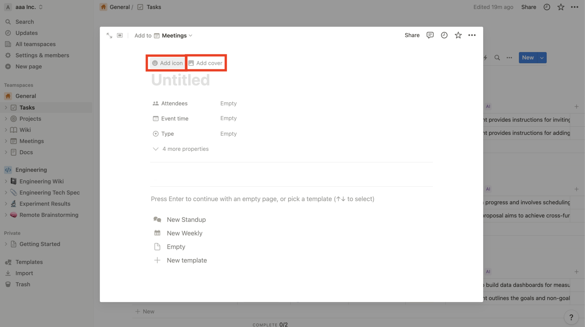 Image of changing the icon and cover of contents on Notion