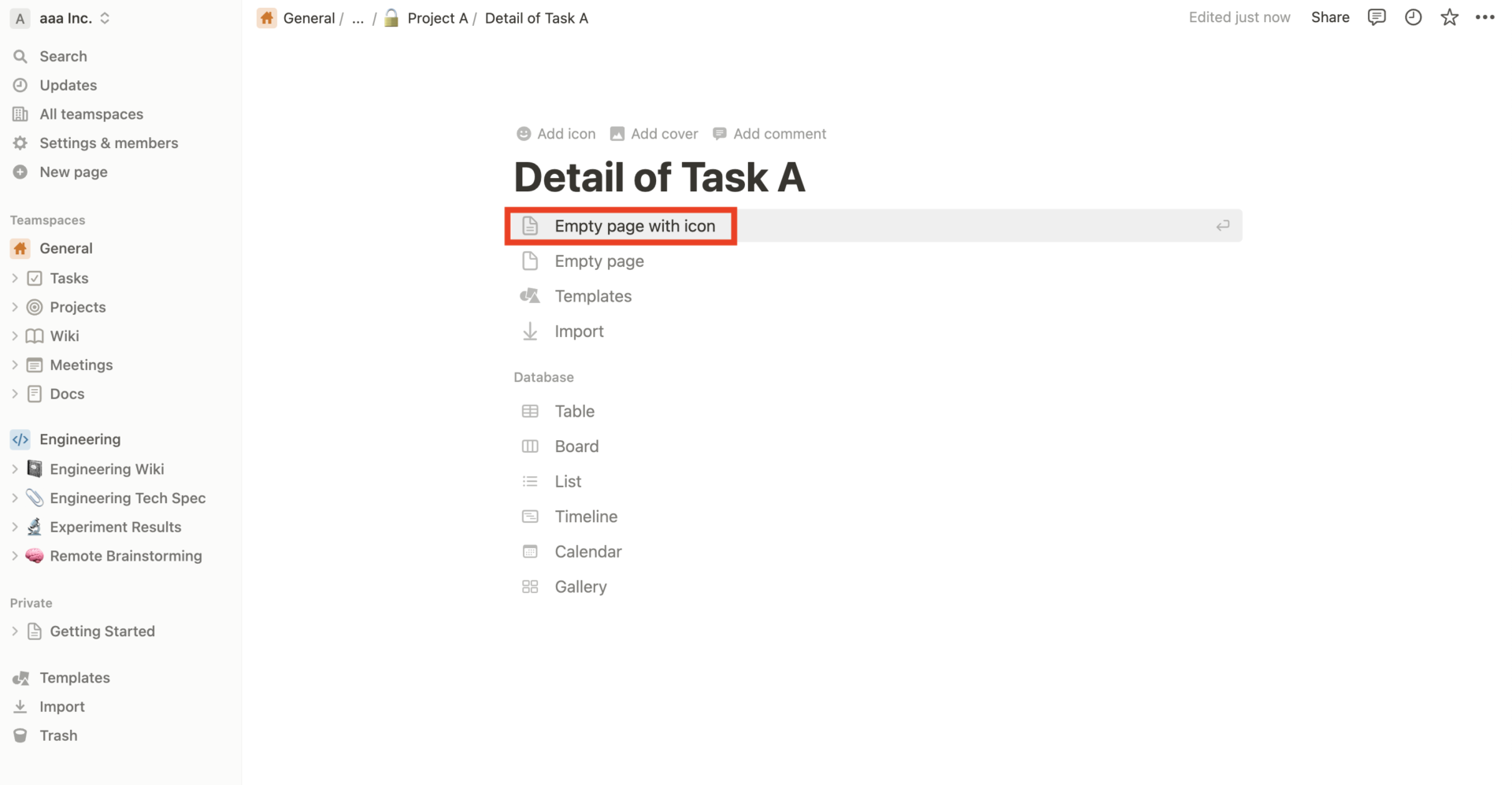Image of screen that is creating child page