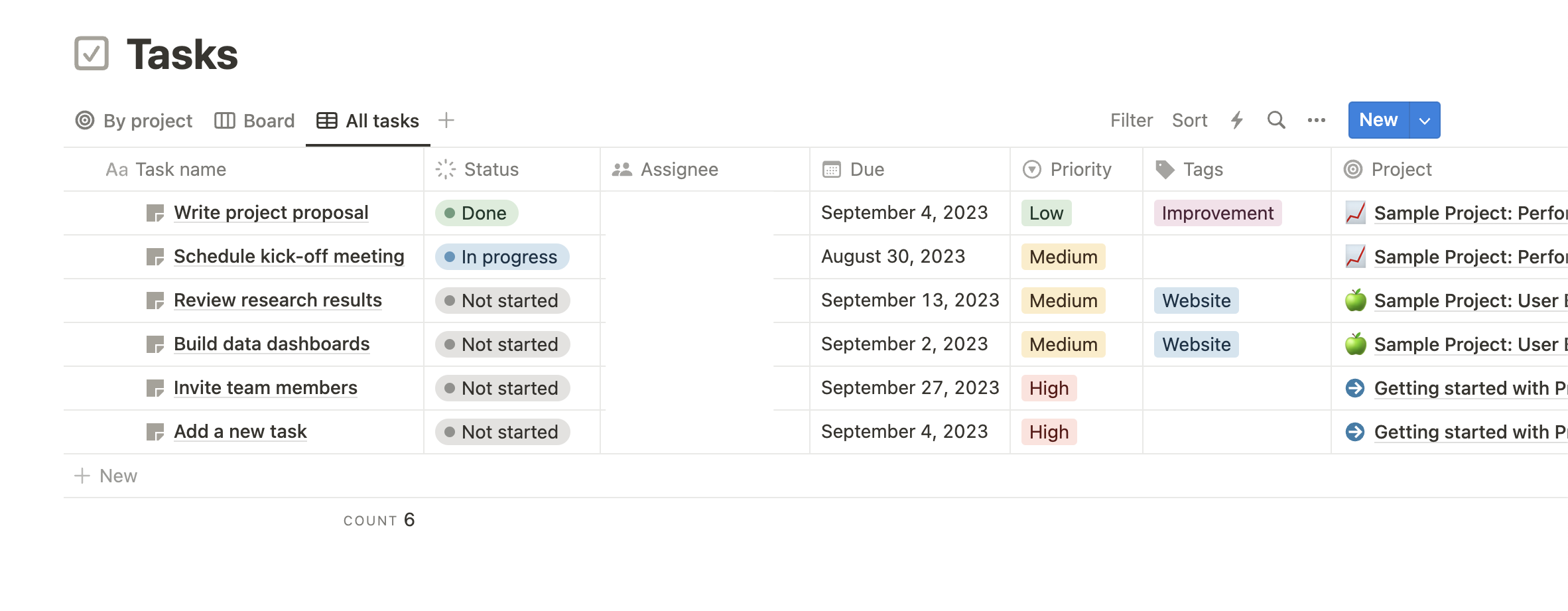 Table view of Notion