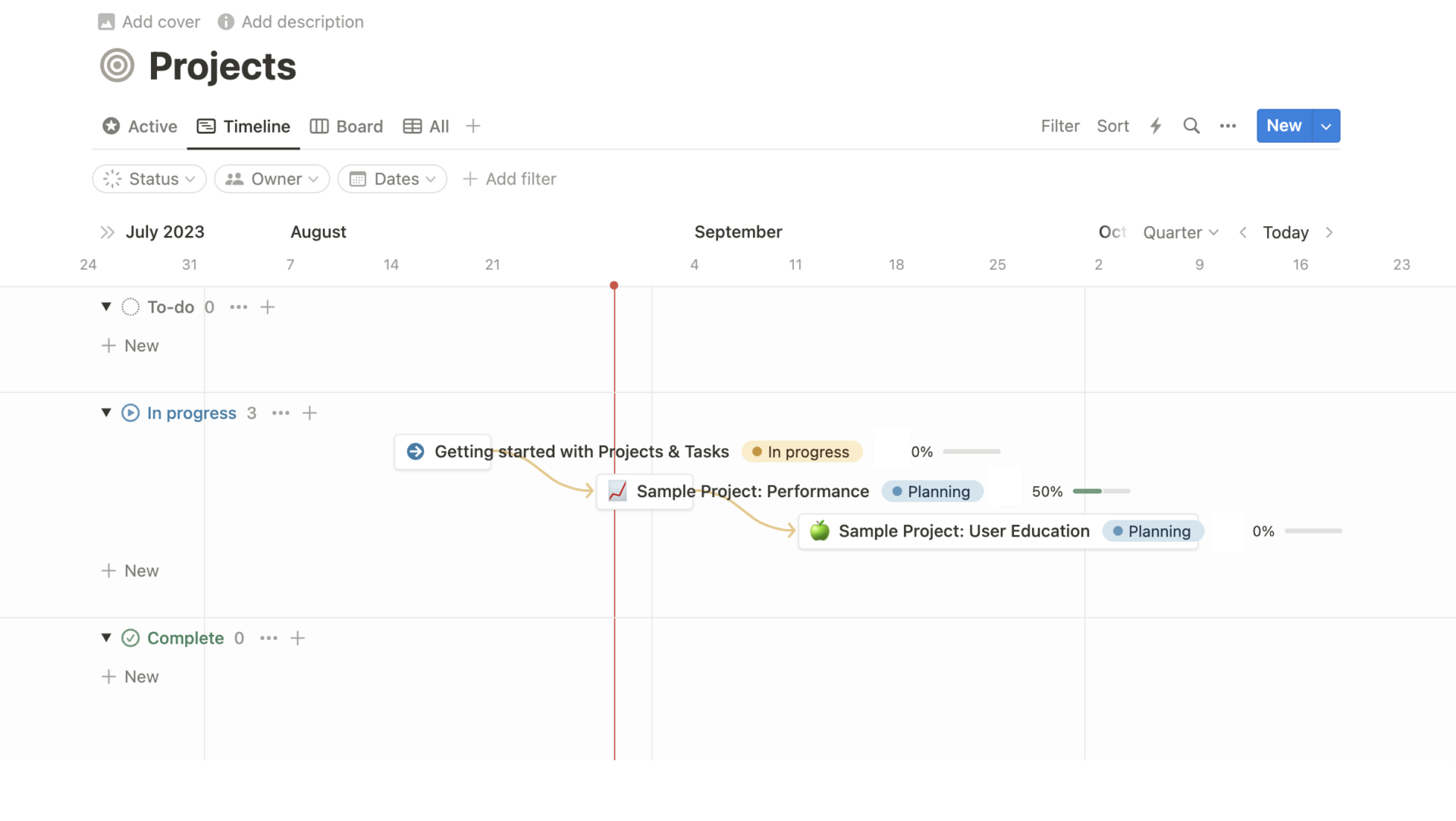 Time line view of Notion