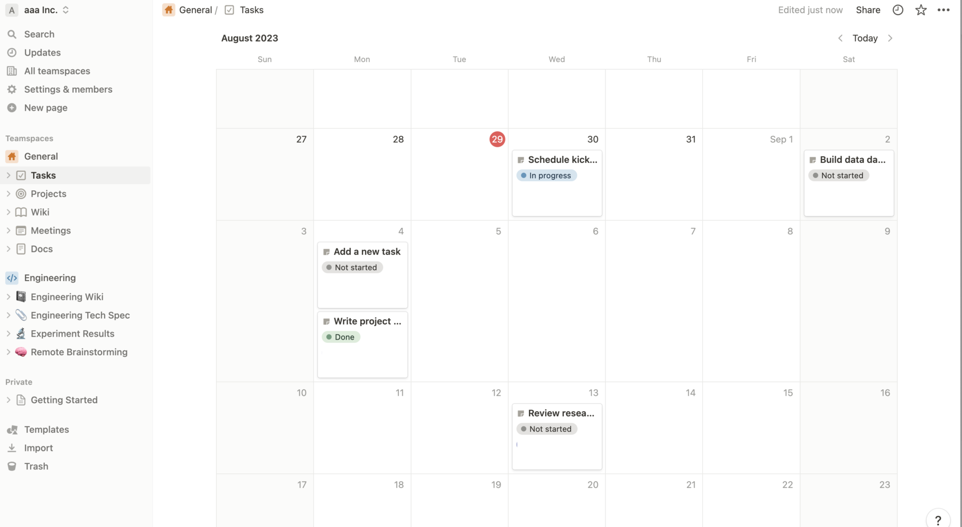 Calendar view of Notion