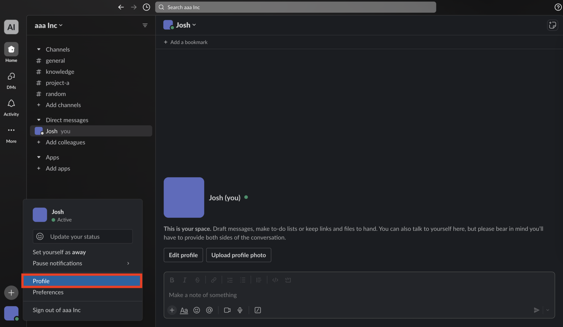 Image of selecting the profile on Slack