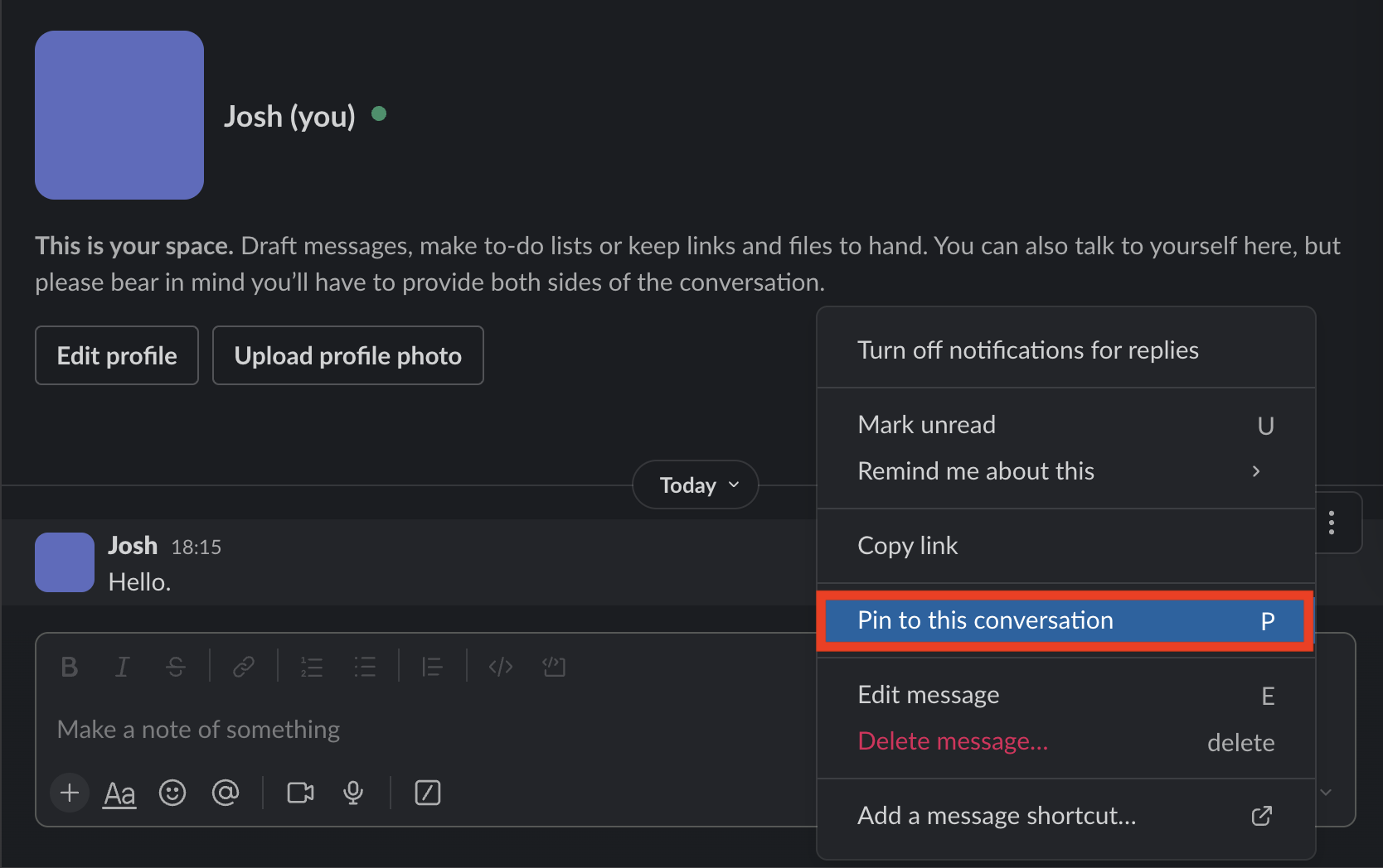 Image of pinning of message on Slack