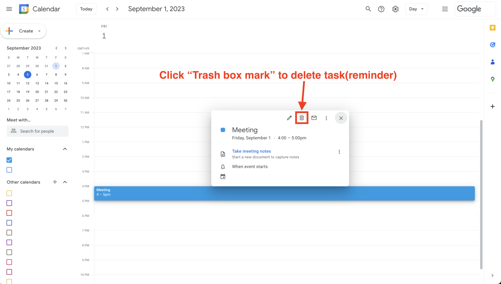 Image of deleting task on Google Calendar
