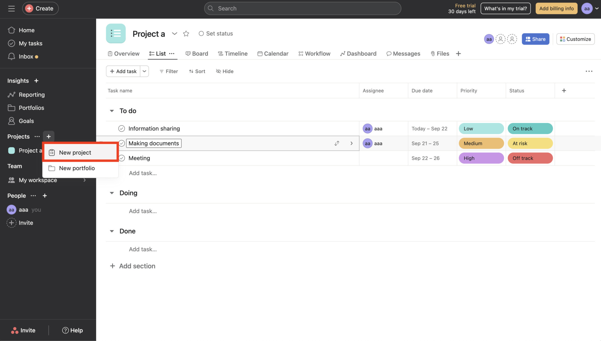 Image of creating screen for Asana