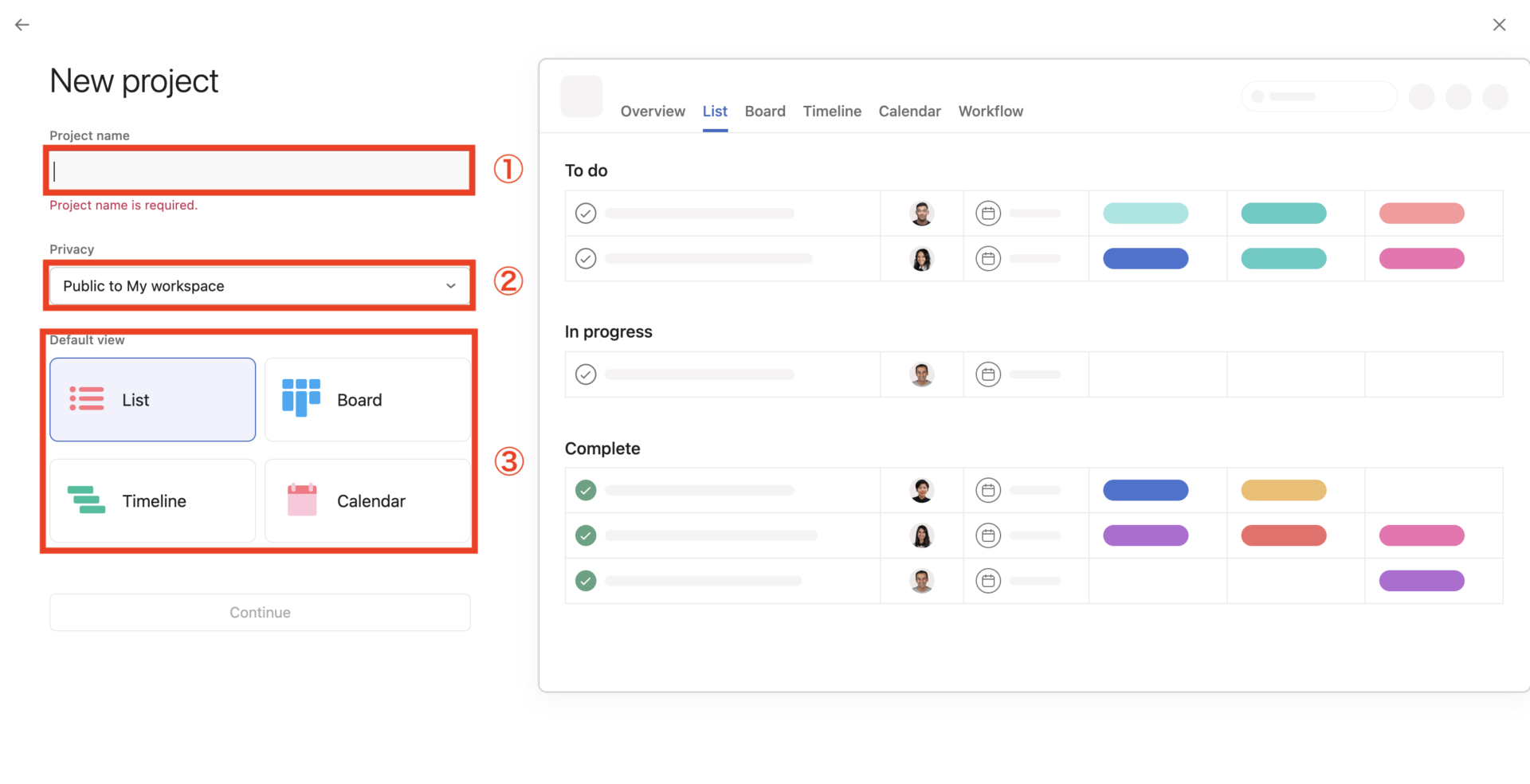 Image of setting in detail about new project on Asana