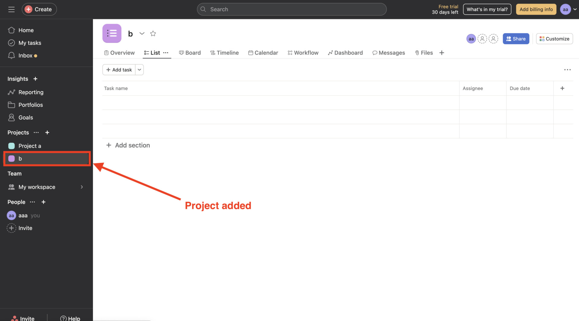 Image of being added new project on Asana