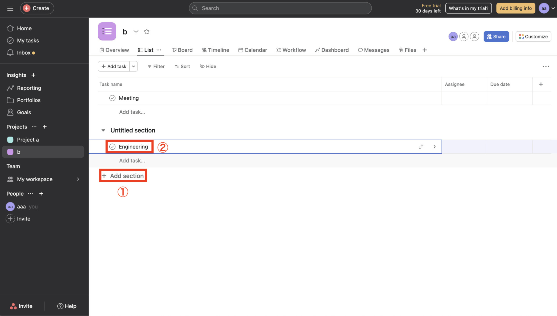 Image of adding the section on Asana