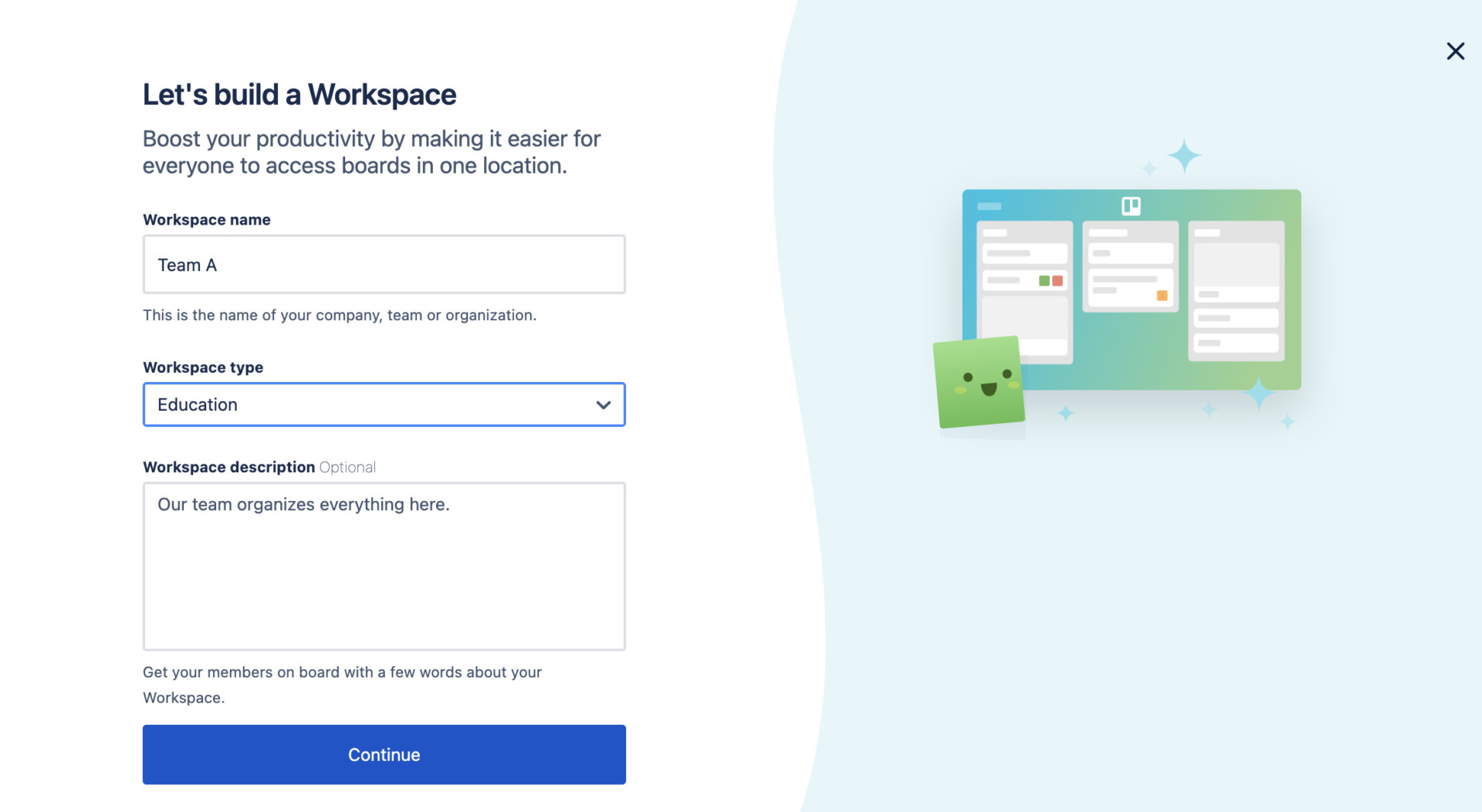 Image of creating a workspace of Trello