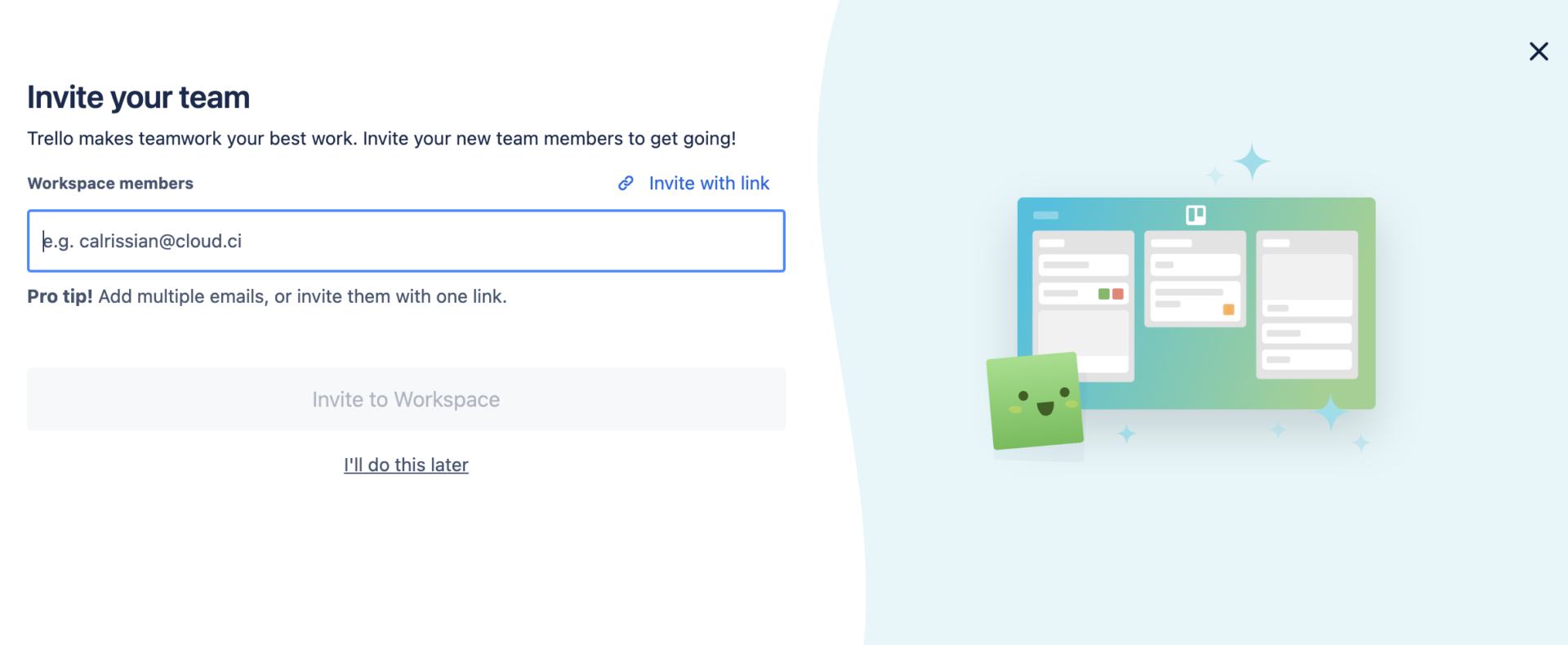 Image of entering the e-mail address that you want to invite to Trello