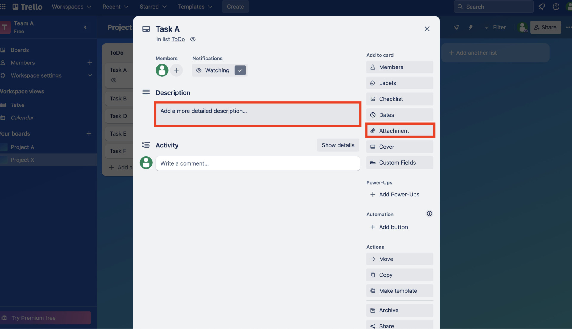 Image of adding the information like description or attachment for task on Trello