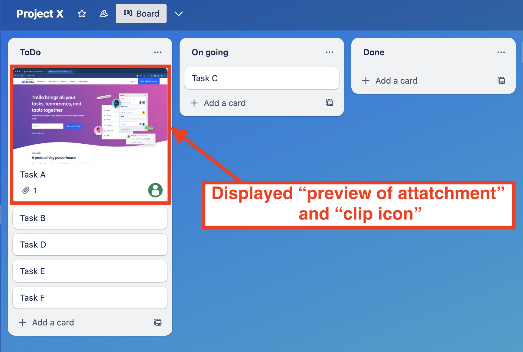 Image of adding description or attachment tasks to card on Trello