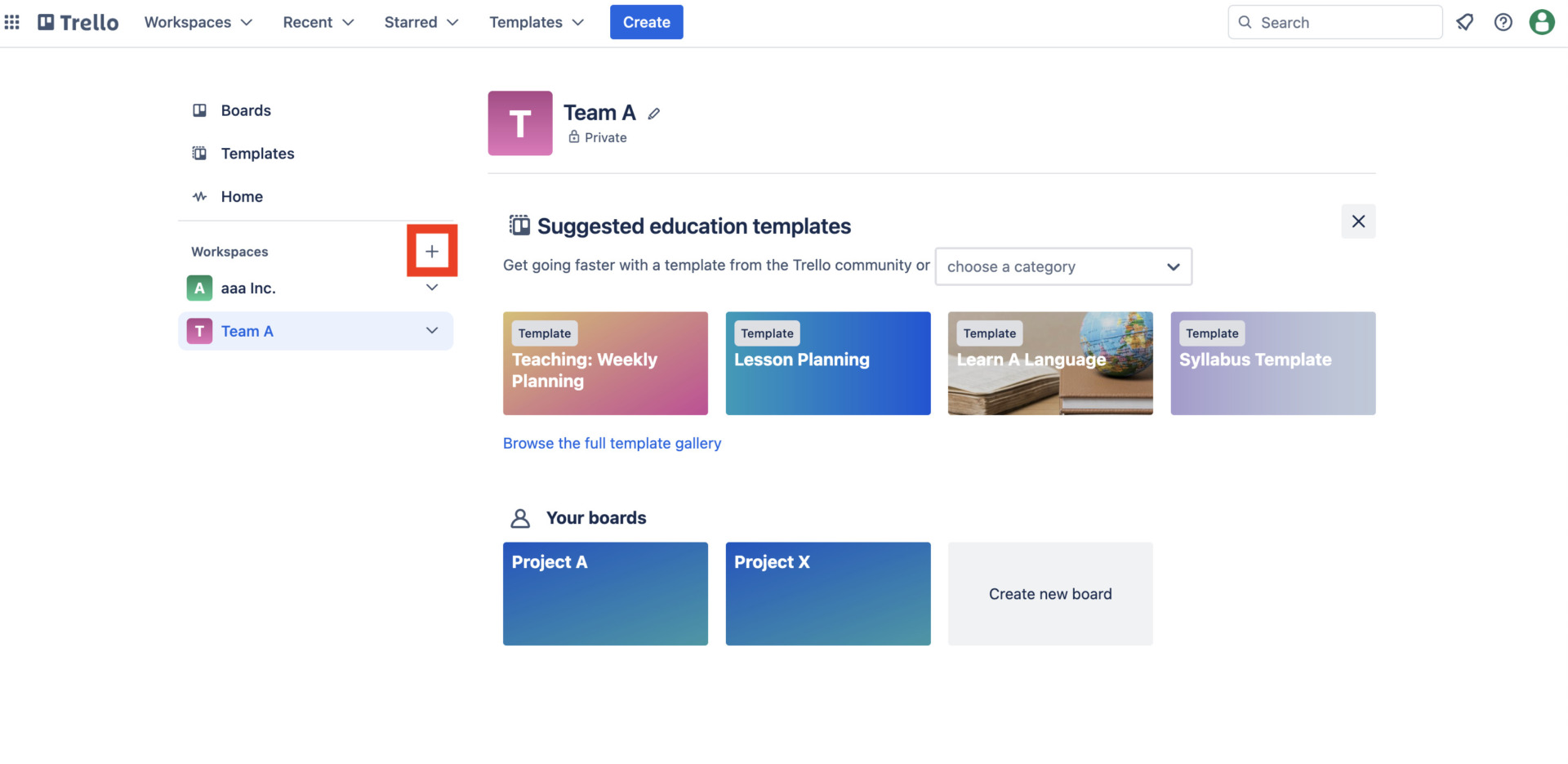 Image of clicking the [+] button of Trello's workspace