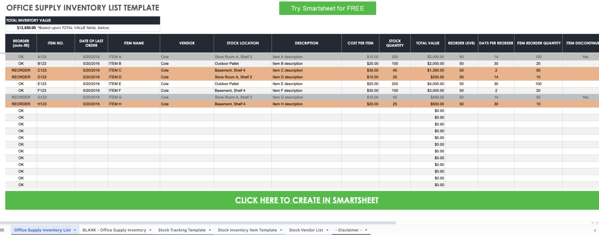 Image of template from Smartsheet