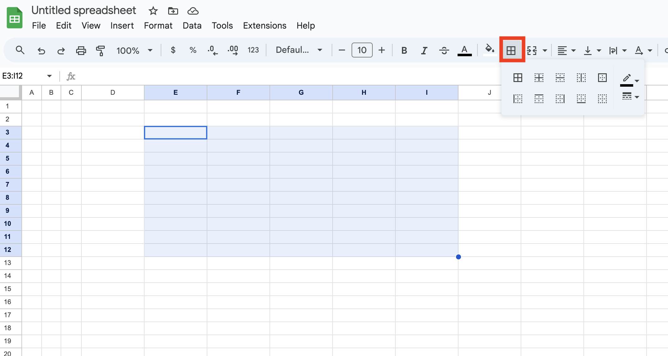 Image of creating table in Google Sheets