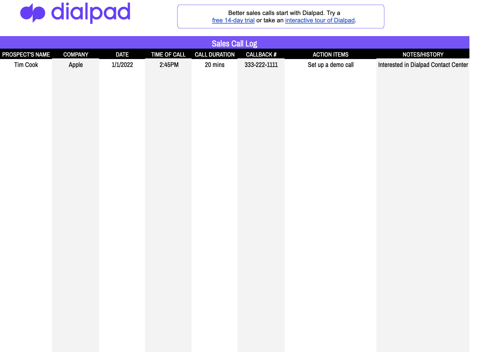 Image of call log template by Dialpad
