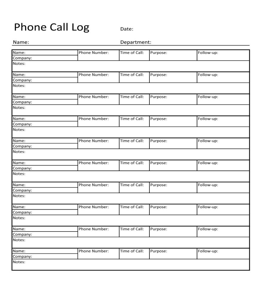 Image of call log template by Printablee