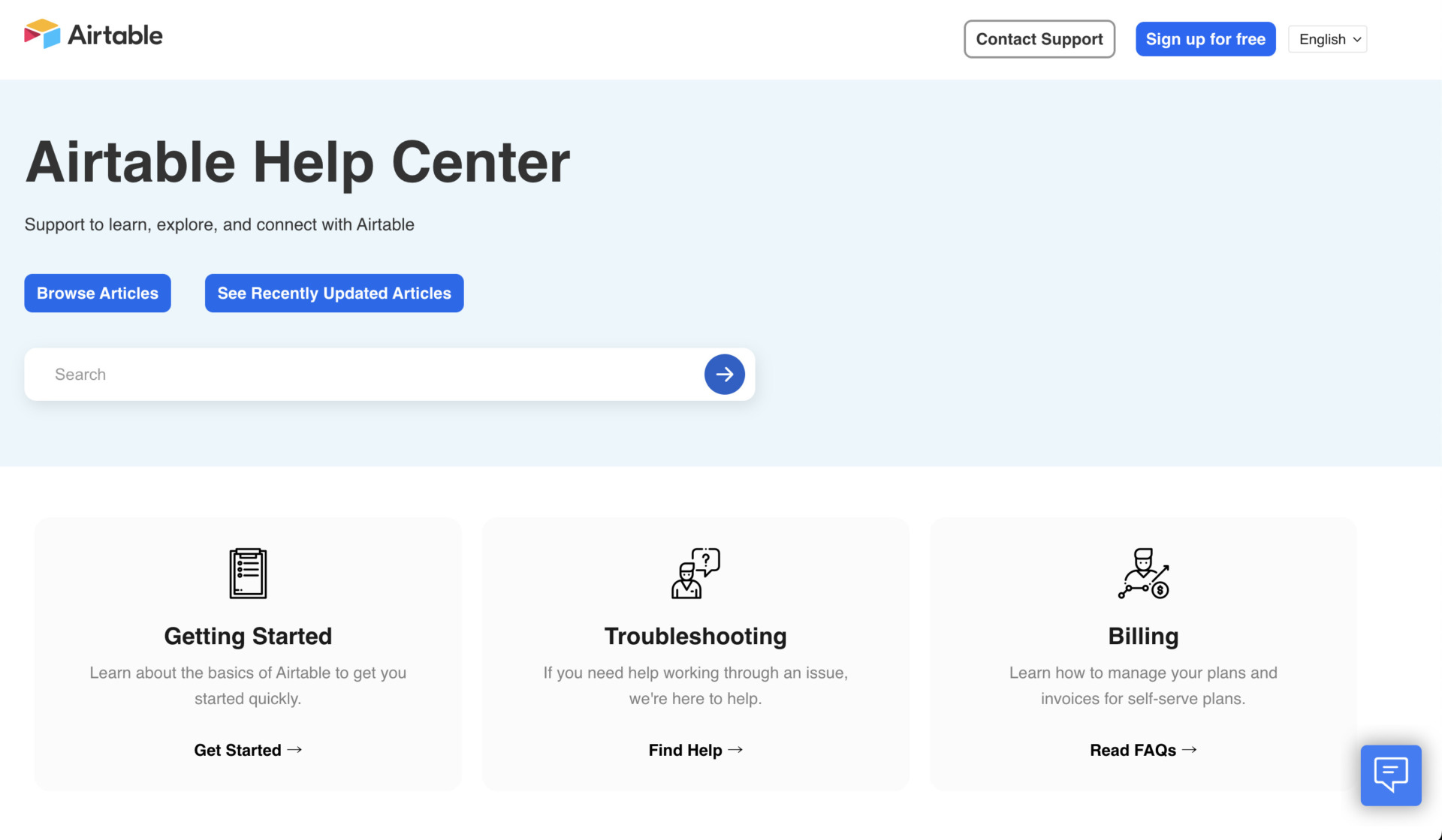 Top page of Airtable help center