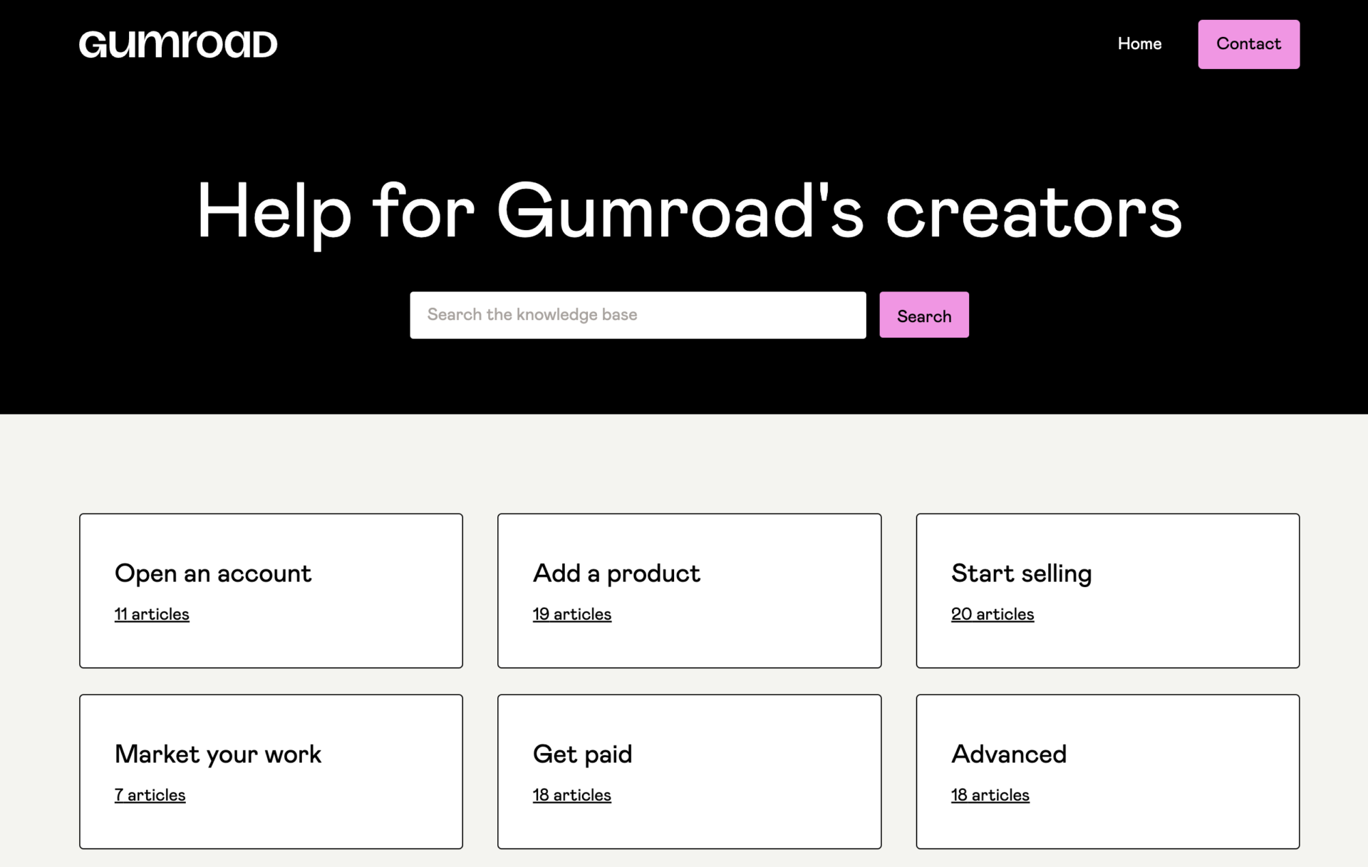 Top page of Gumroad help center