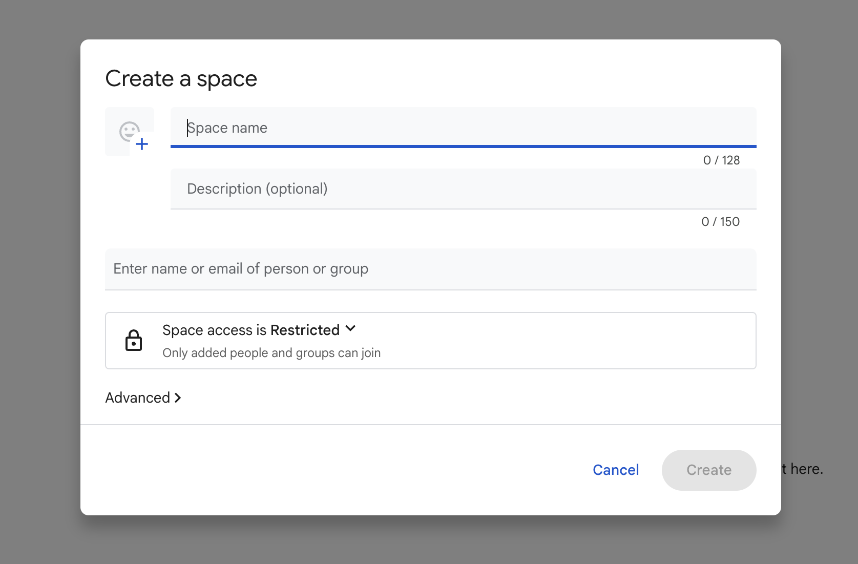 Image of creating space of Google Chat