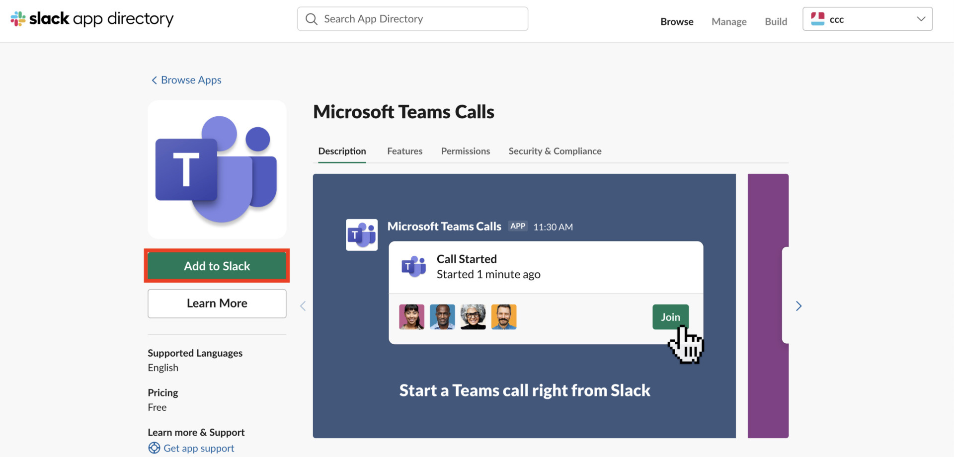 Image of adding Microsoft Team Call to Slack