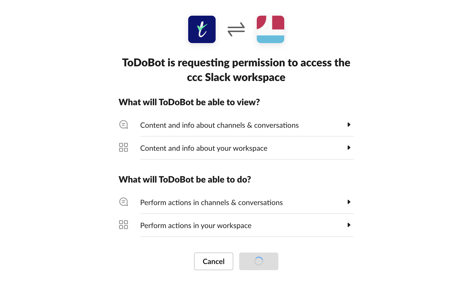 Image of request of privilege for accessing ToDoBot