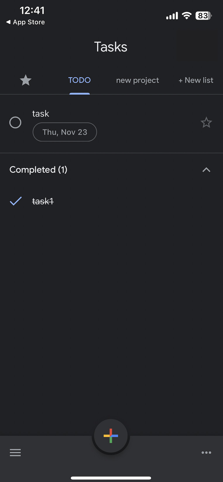 Picture of screen of Google Tasks