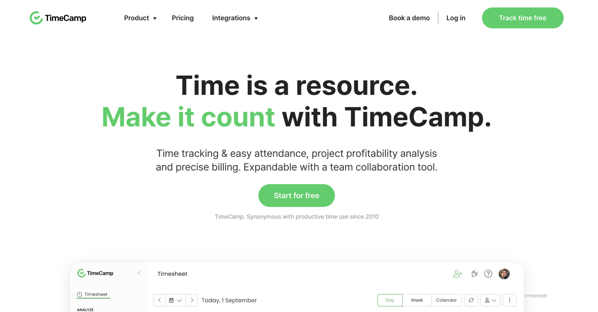 Picture of top page of TimeCamp