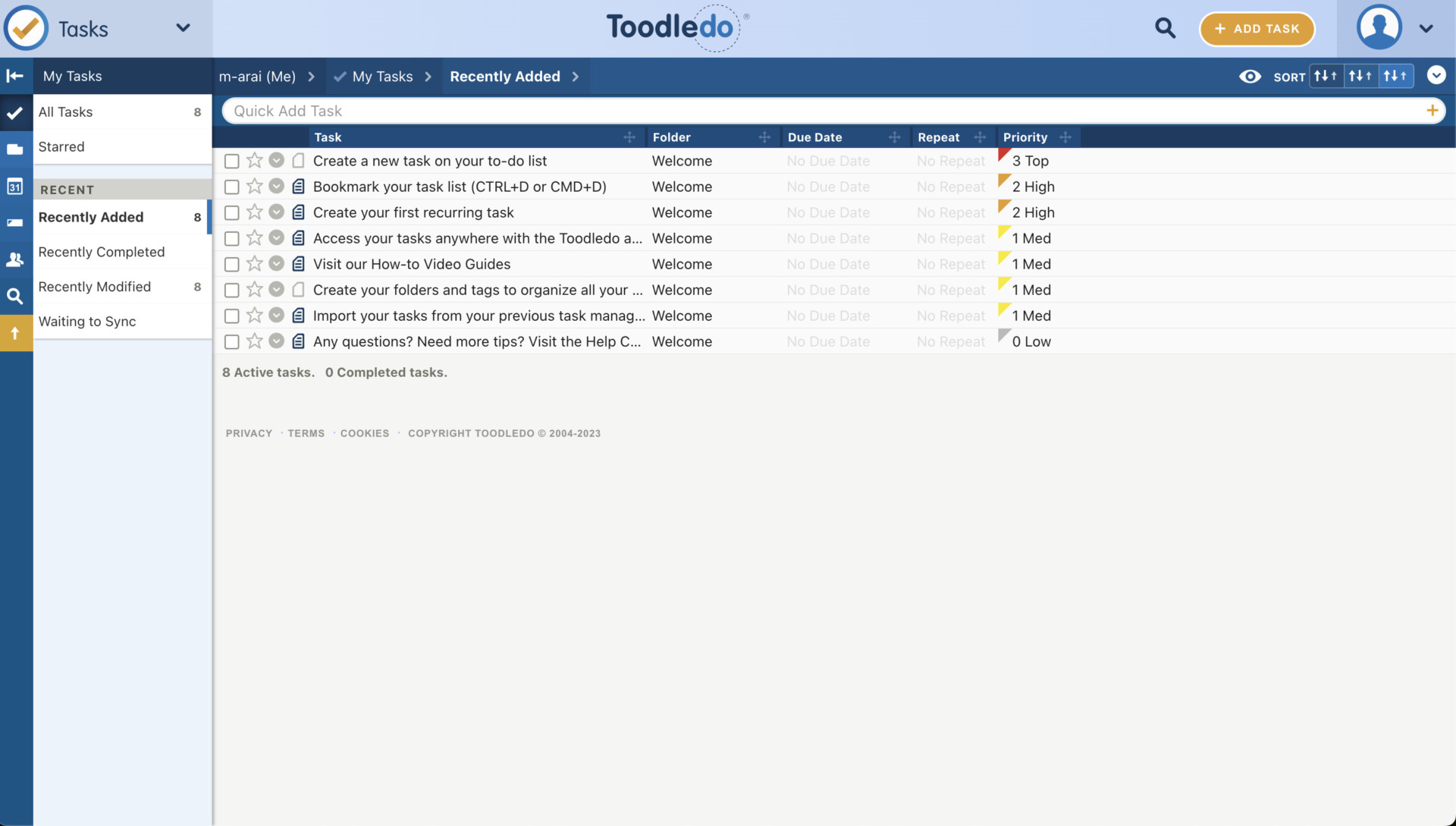 Actual screen of Toodledo