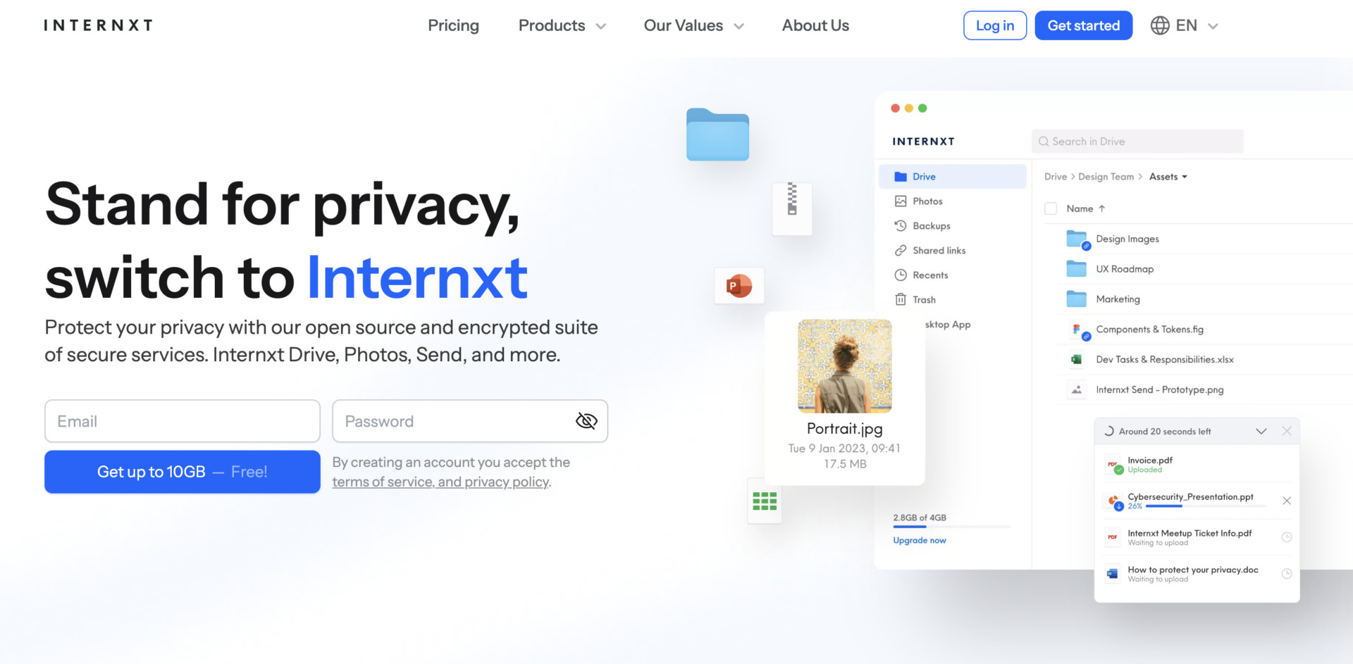 Top page of Internxt