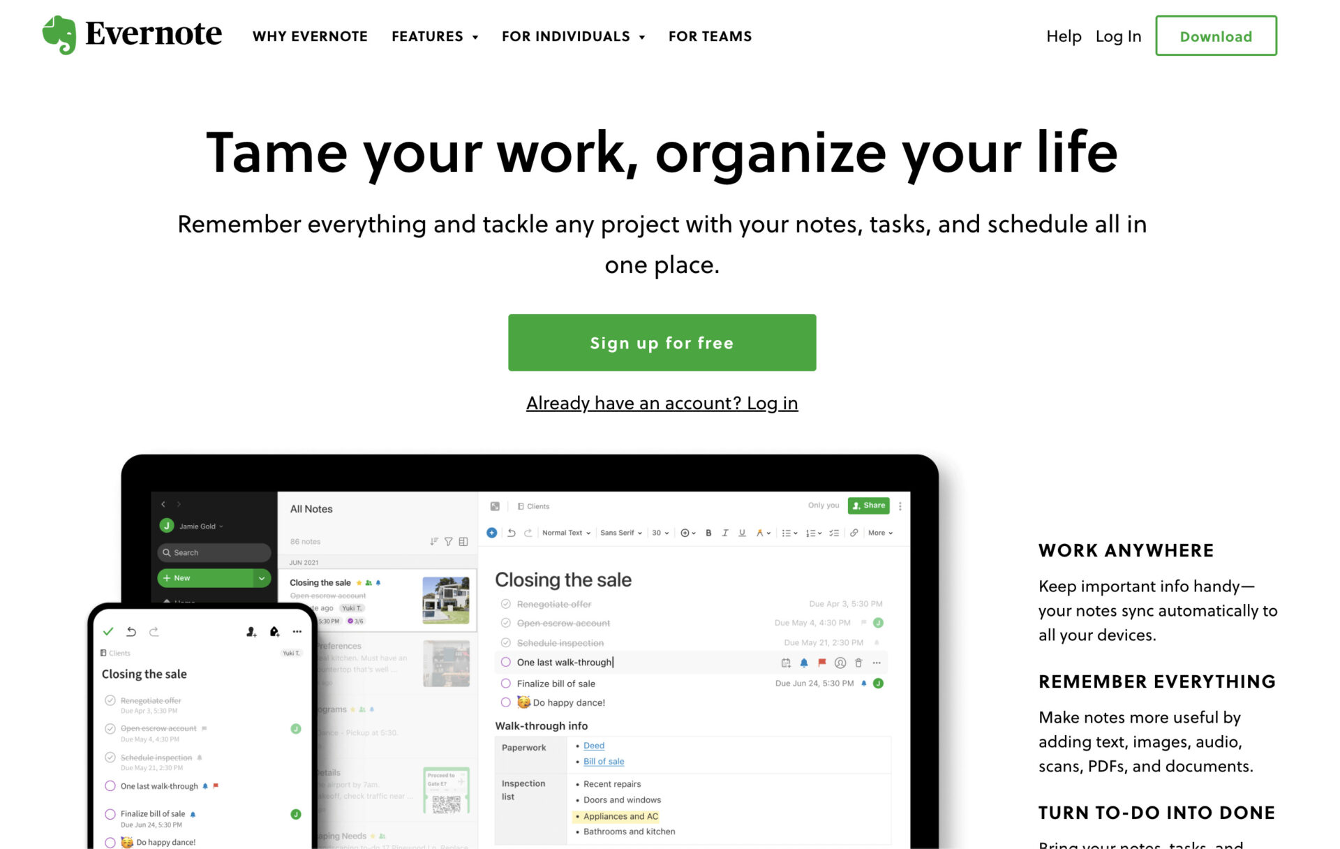 Picture of top page of Evernote