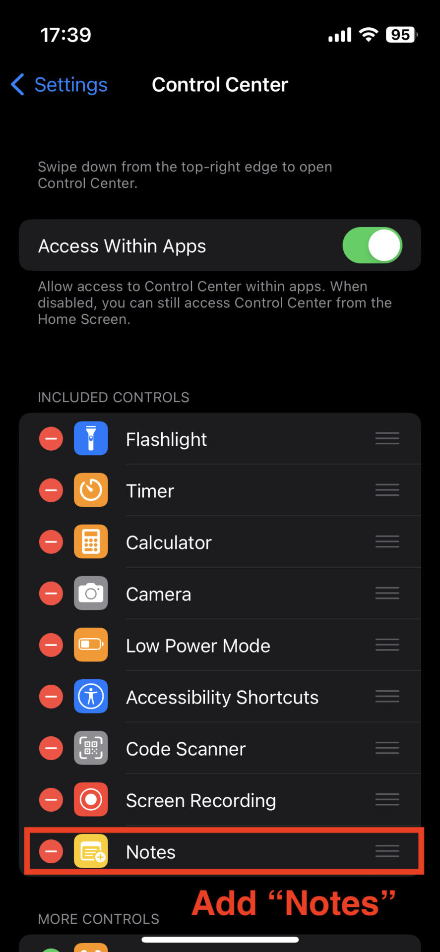 Add Notes to control center