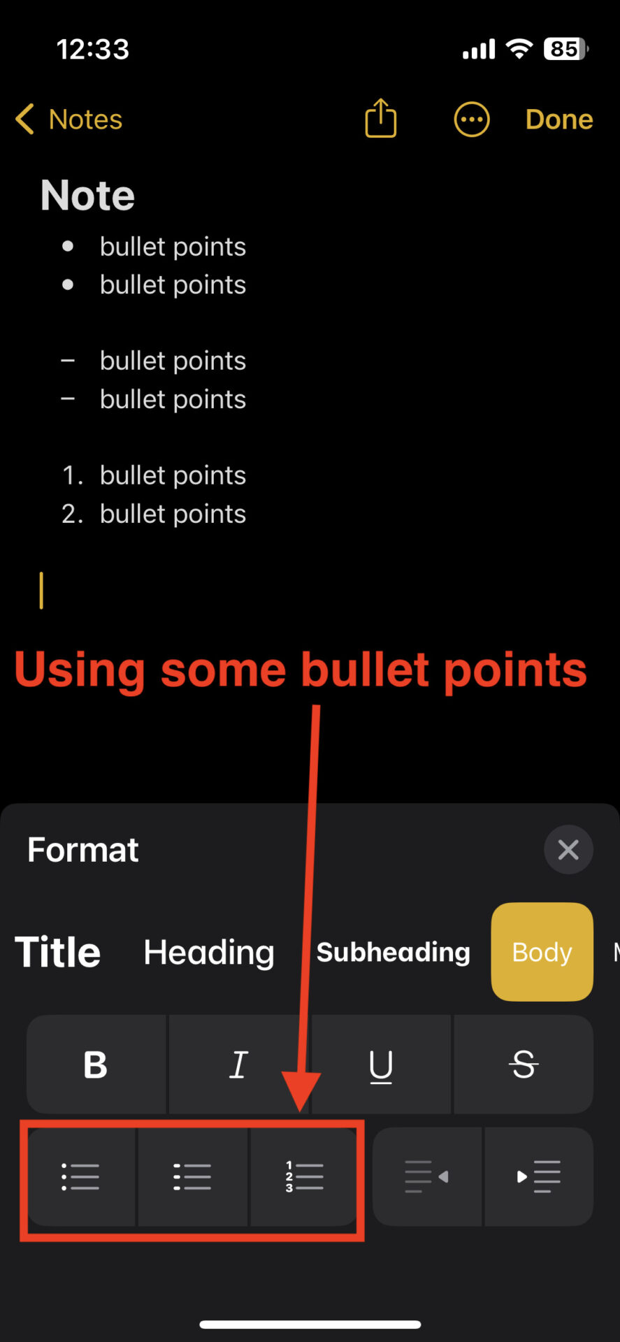 Picture of using bullet points