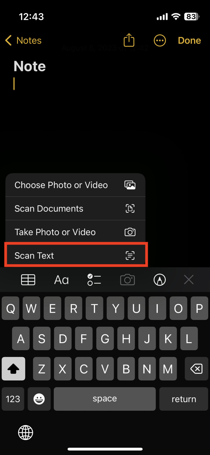 Selecting scan of document at iPhone memo