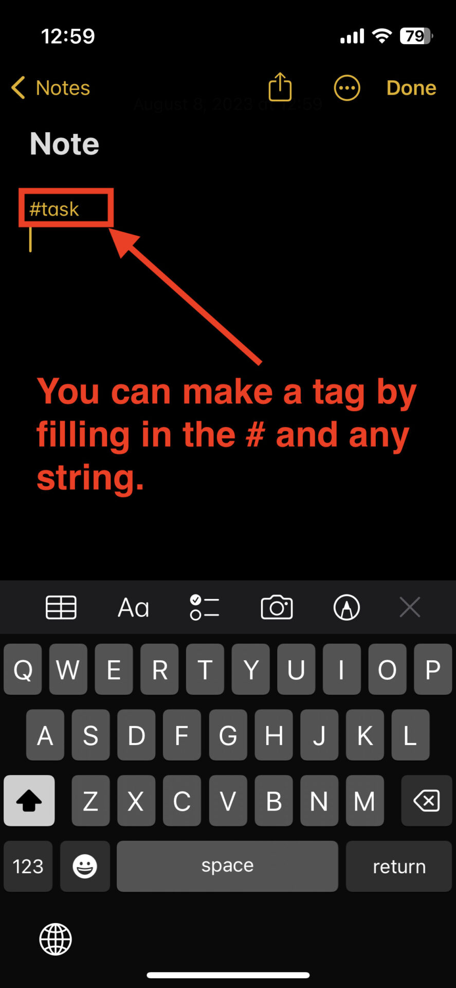 Picture about entering tag of iPhone memo